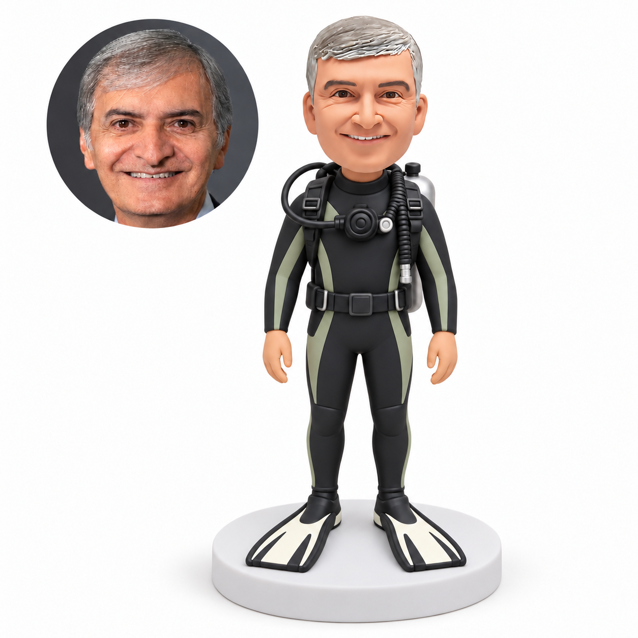 MGA-AC1295 custom bobblehead figure male scuba diver wearing fins and an air tank with both arms down