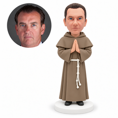 MGA-AC1297 custom bobblehead figure man in a full length hooded monastic robe praying with both palms at his chest