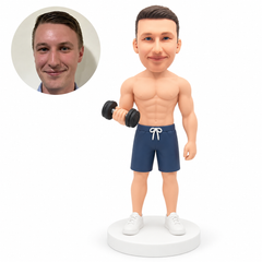 MGA-AC1299 custom bobblehead figure shirtless male athlete curling one dumbbell at his waist with his other arm down