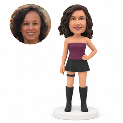 MGA-AC1304 custom bobblehead figure woman in a strapless top and mini skirt with tall boots and one hand on her hip