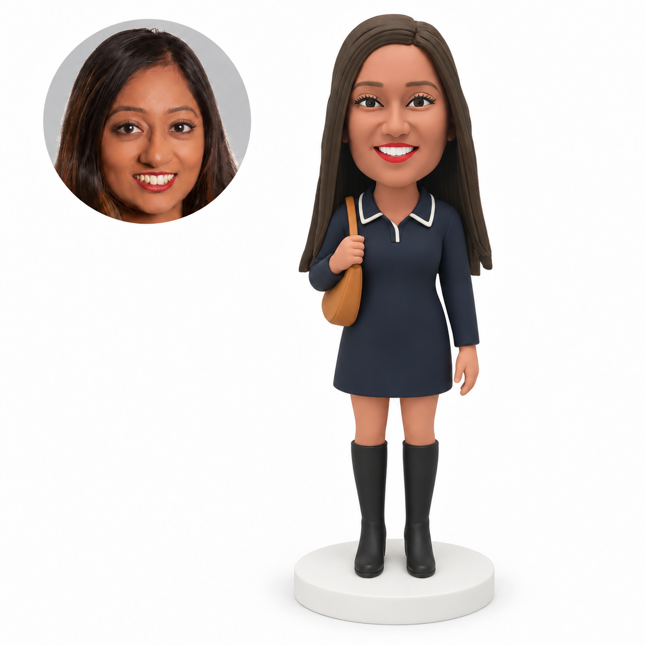 MGA-AC1305 custom bobblehead figure woman in a collared mini dress and tall boots holding a shoulder bag strap