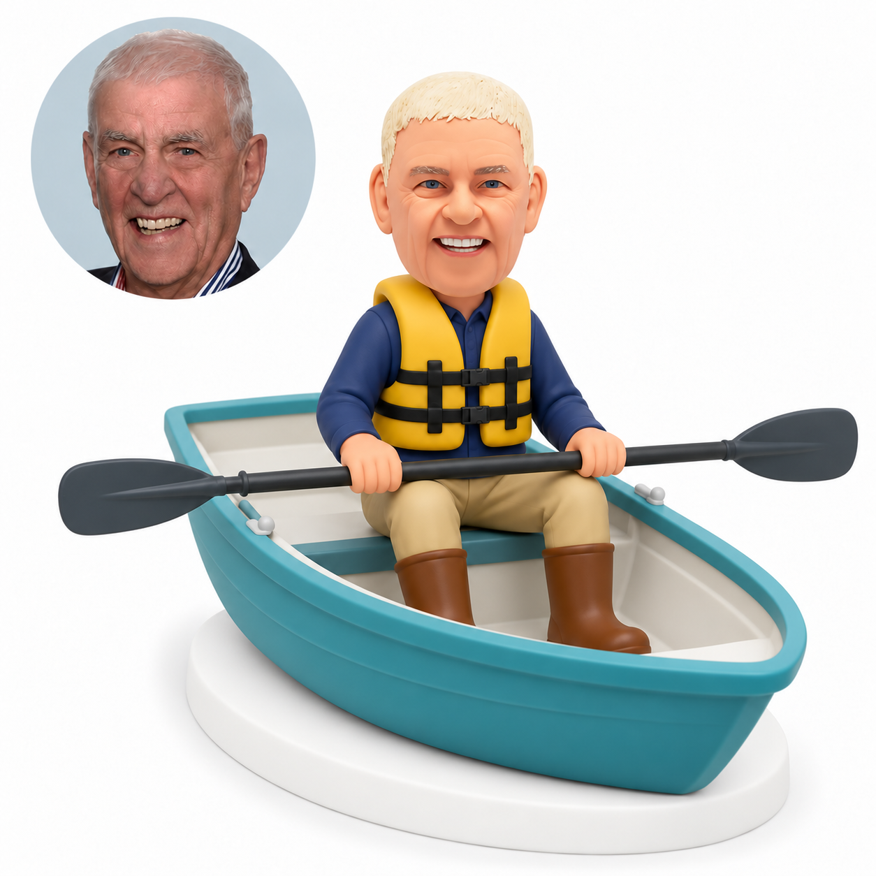 custom bobblehead figure man seated in an open rowboat holding a double bladed paddle across his lap MGA-AC1313