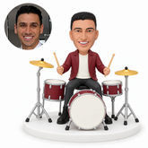 custom bobblehead figure male drummer holding both sticks outward at a three drum kit with two tripod cymbals MGA-AC1314