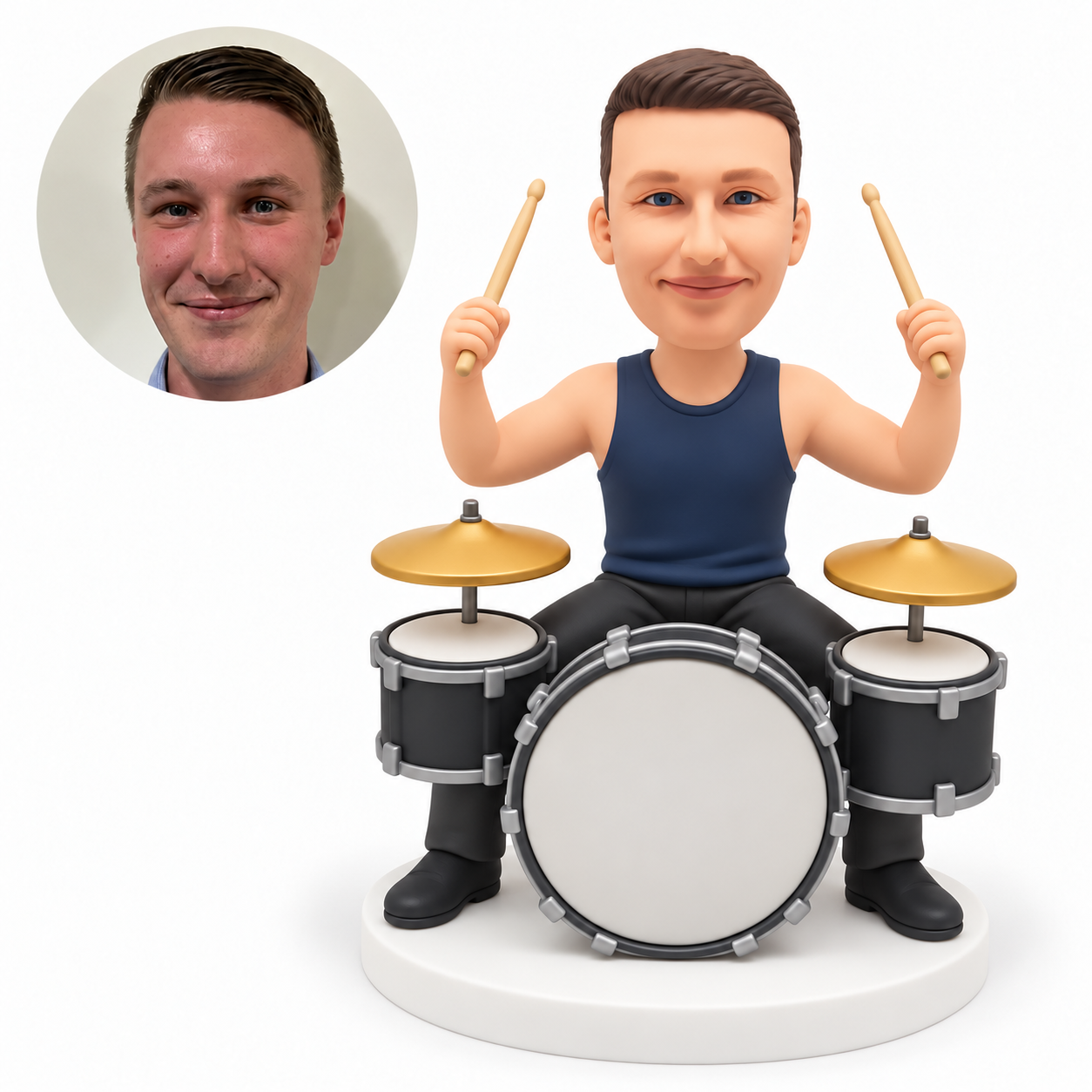 custom bobblehead figure male drummer raising both drumsticks beside his head at a three drum kit MGA-AC1316