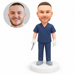Custom bobblehead figure male medical worker holding a scalpel at his side