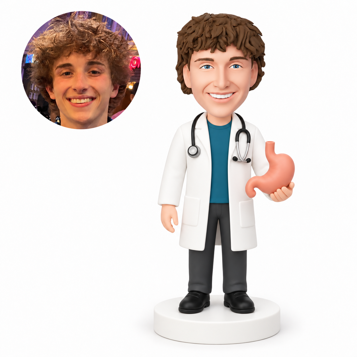 custom bobblehead figure male doctor holding a stomach model at his side