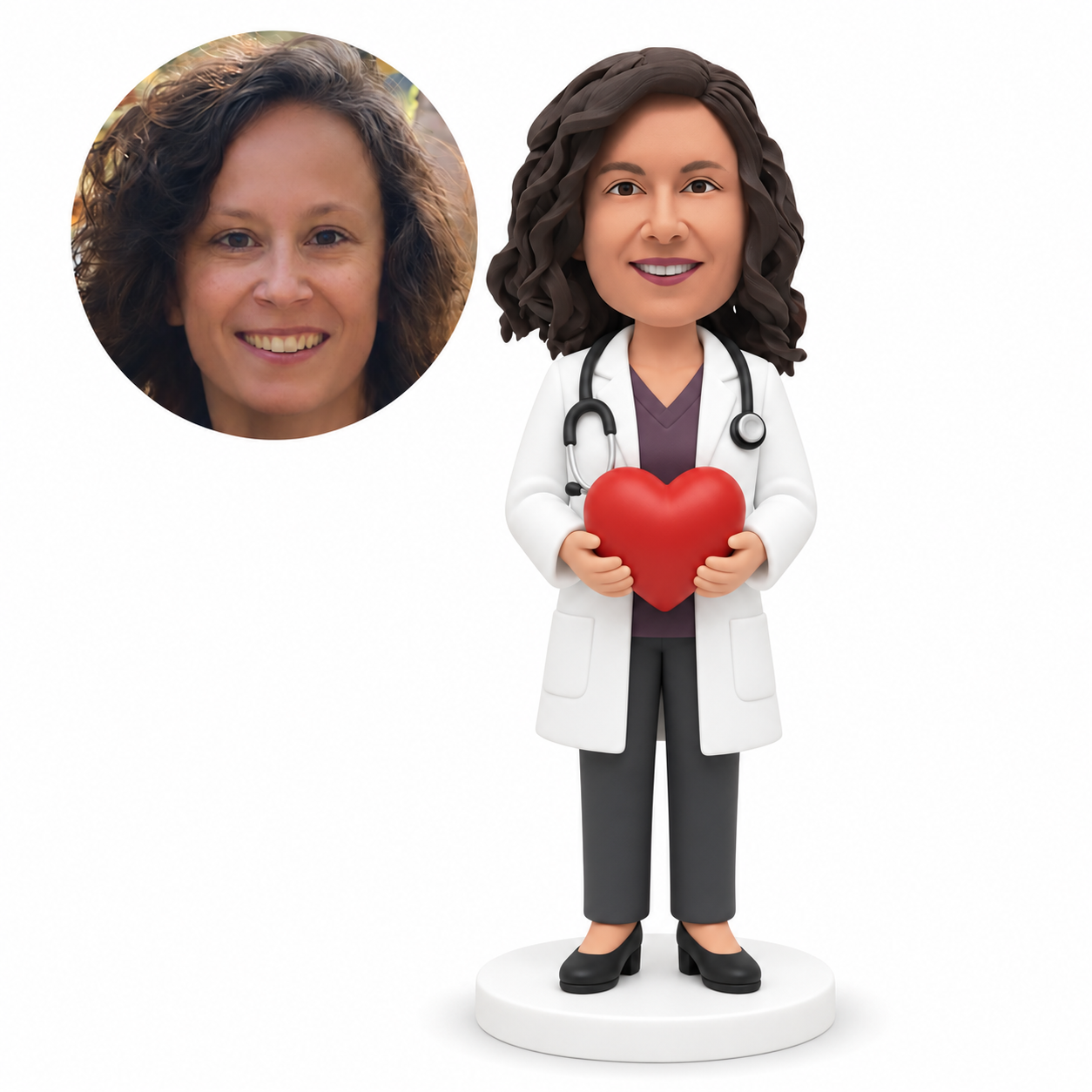 custom bobblehead figure female doctor holding a large heart with both hands
