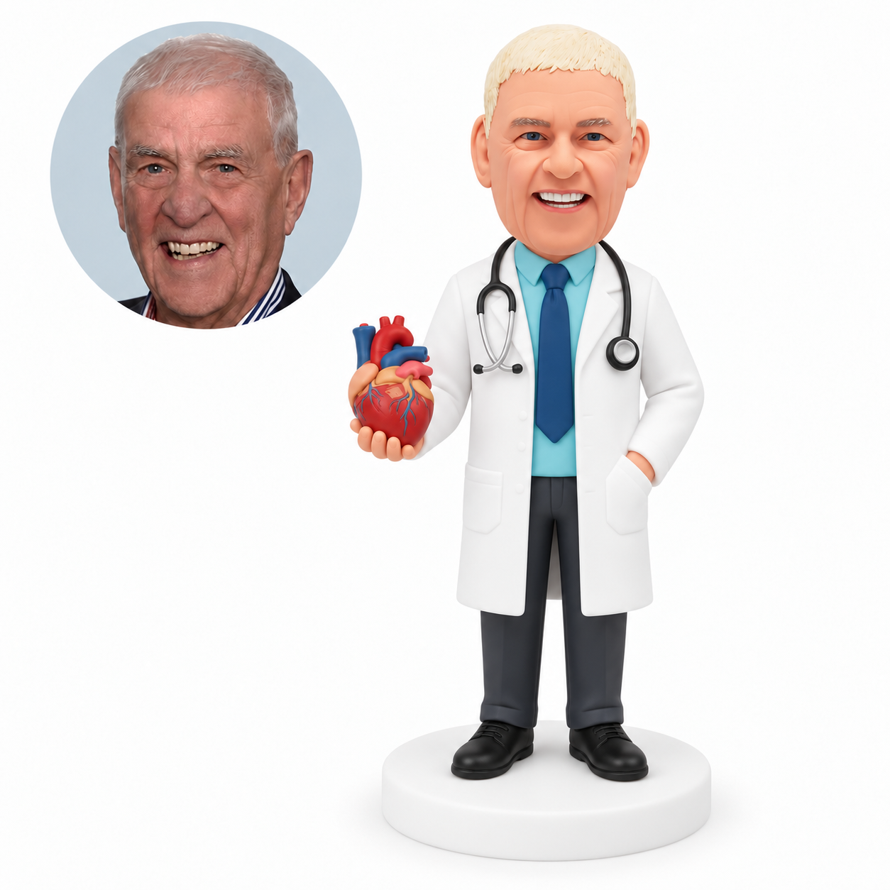 custom bobblehead figure male doctor holding an anatomical heart model