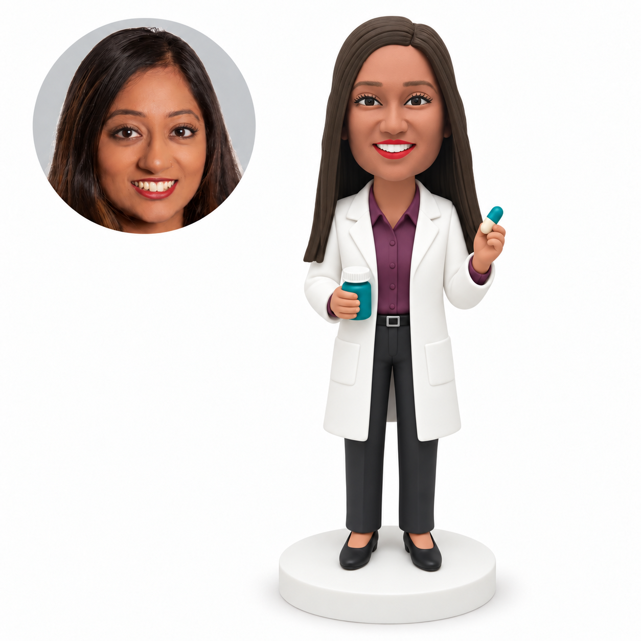 custom bobblehead figure female pharmacist holding a medicine bottle and capsule