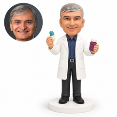 custom bobblehead figure male pharmacist holding a capsule and medicine bottle