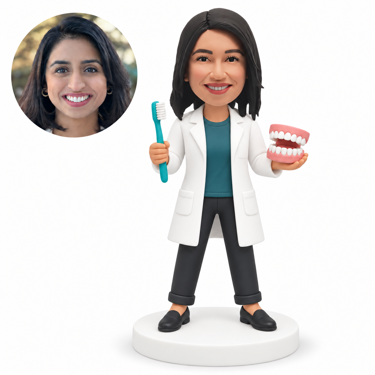 custom bobblehead figure female dentist holding a toothbrush and open dental model