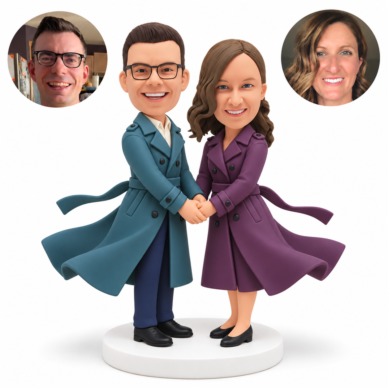 custom bobblehead figures couple in flowing belted trench coats holding both hands together