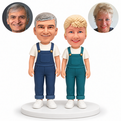custom bobblehead figures couple in bib overalls standing with both arms lowered