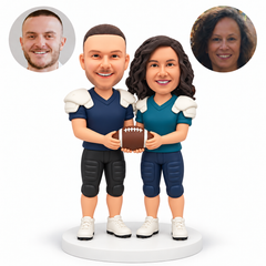 custom bobblehead figures football couple holding one horizontal ball together with both hands