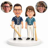 custom bobblehead figures baseball couple standing with each person holding a lowered bat in one hand