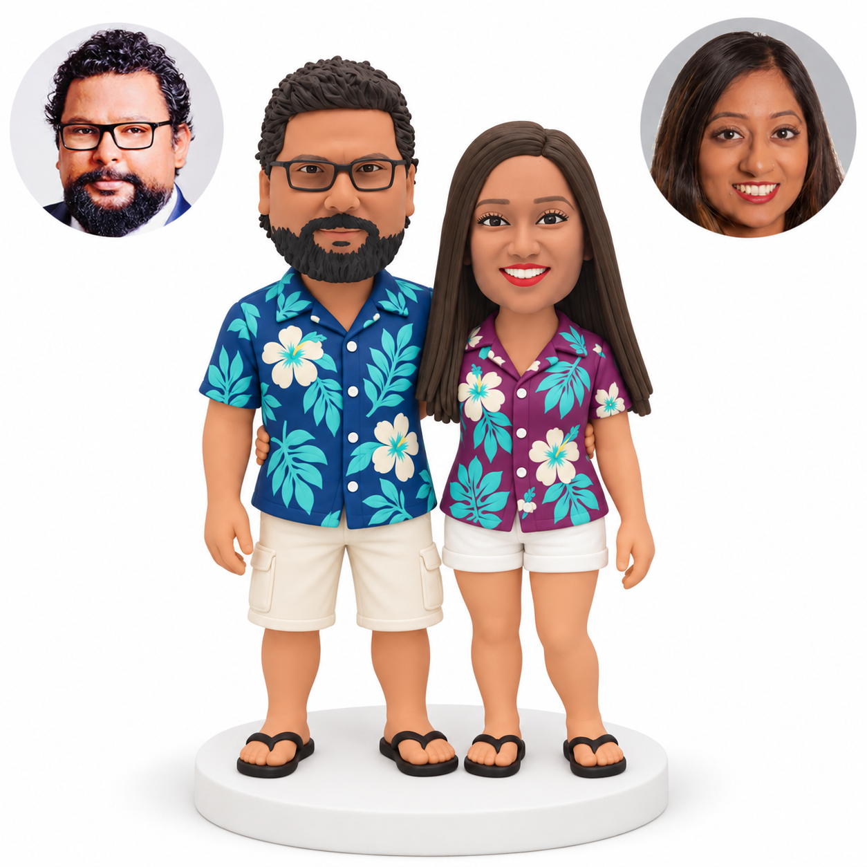 custom bobblehead figures holiday couple in short sleeved tropical shirts and shorts with a waist embrace and both outer hands lowered
