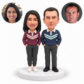 Custom couple bobbleheads in matching long-sleeve Polo tops with hands in trouser pockets - MGA-AC1408