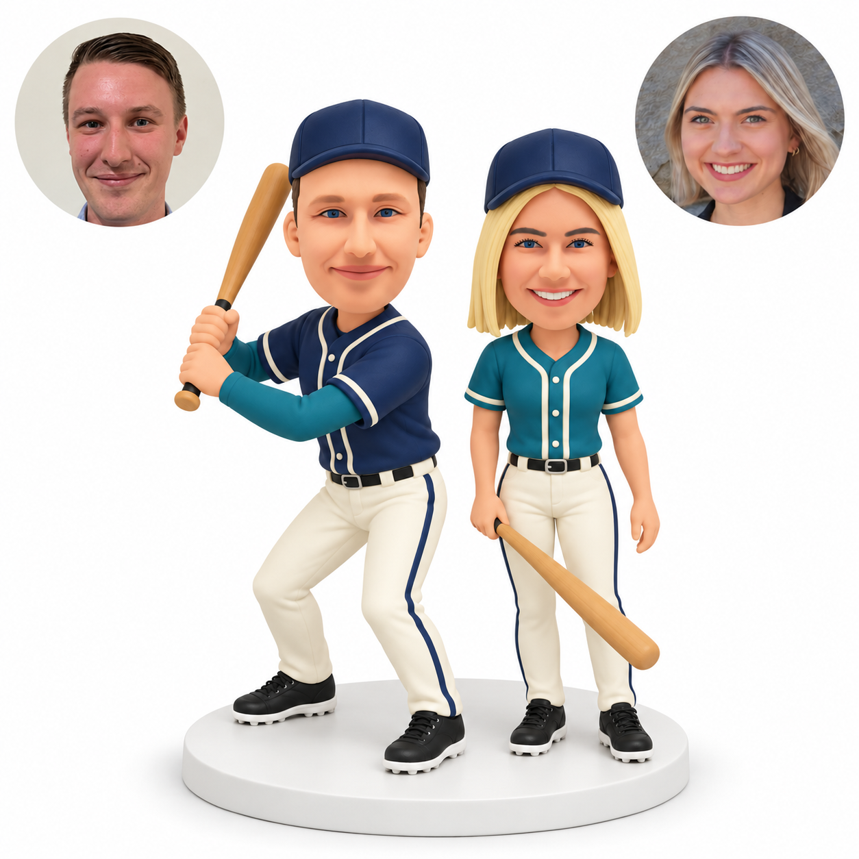custom bobblehead figures baseball couple with man gripping a raised bat with both hands and woman holding a lowered bat in one hand