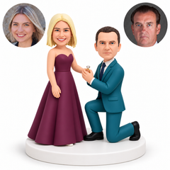 custom bobblehead figures proposal couple with woman in a floor length gown and a suited man kneeling and holding her hand with a ring - MGA-AC1415