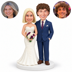 custom bobblehead figures wedding couple with bride holding a bouquet in both hands and groom keeping his outer hand in a pocket and his inner arm around her waist - MGA-AC1423