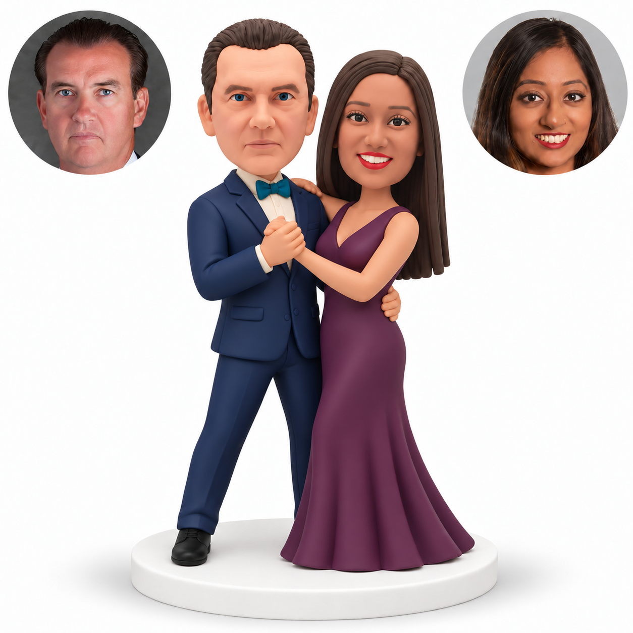 custom bobblehead figures dancing couple with one raised handclasp and the man supporting the waist of the woman in a long gown - MGA-AC1424