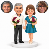 custom bobblehead figures couple holding hands low between them with each person carrying a separate bouquet of roses - MGA-AC1430