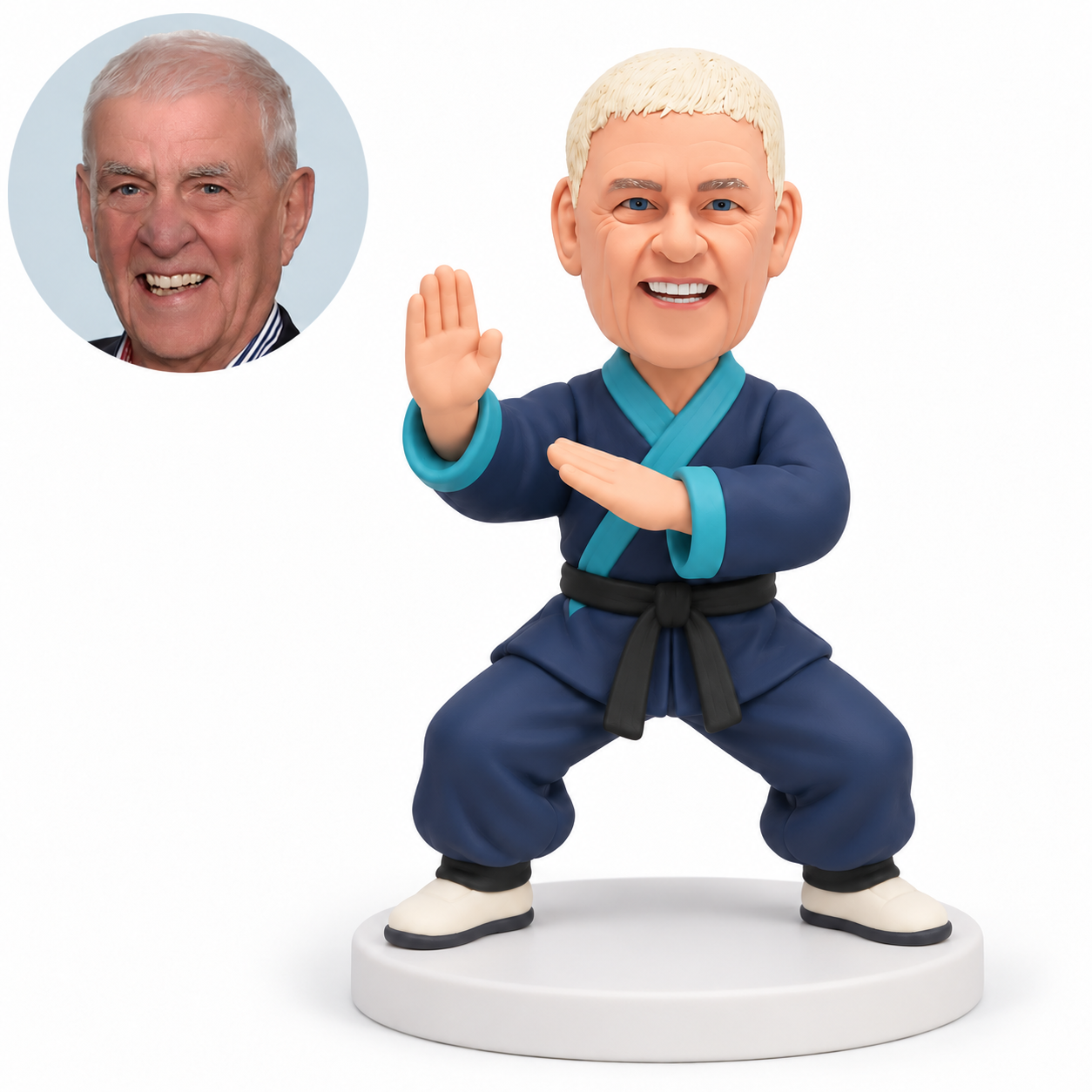 custom bobblehead figure male martial artist in a low stance with one upright palm and the other palm crossing his chest - original own-site polymer clay head and matched photo