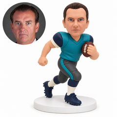 custom bobblehead figure male football player running with a ball against his left chest and his right fist swung back