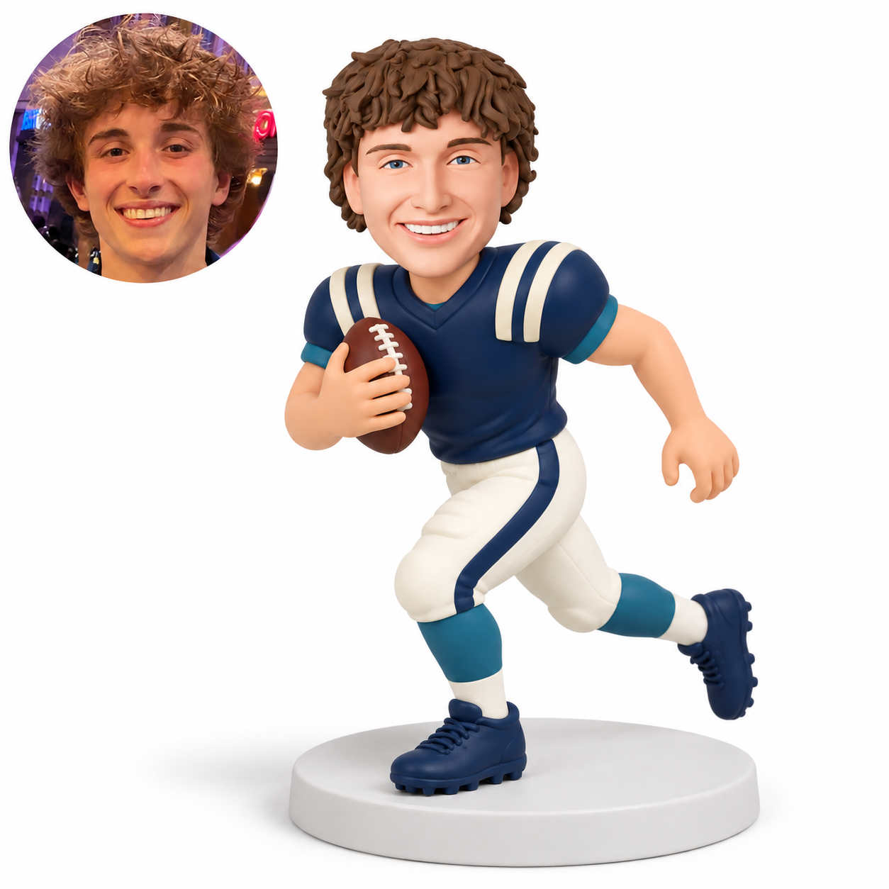 custom bobblehead figure male football player running with a ball against his right chest and his left foot lifted behind