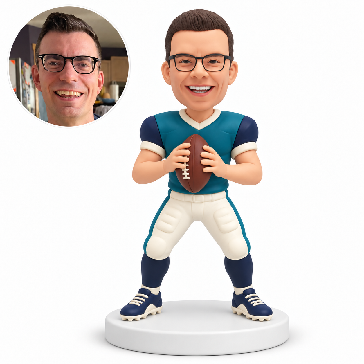 custom bobblehead figure male football player in a wide planted stance holding an upright ball with both hands at his chest