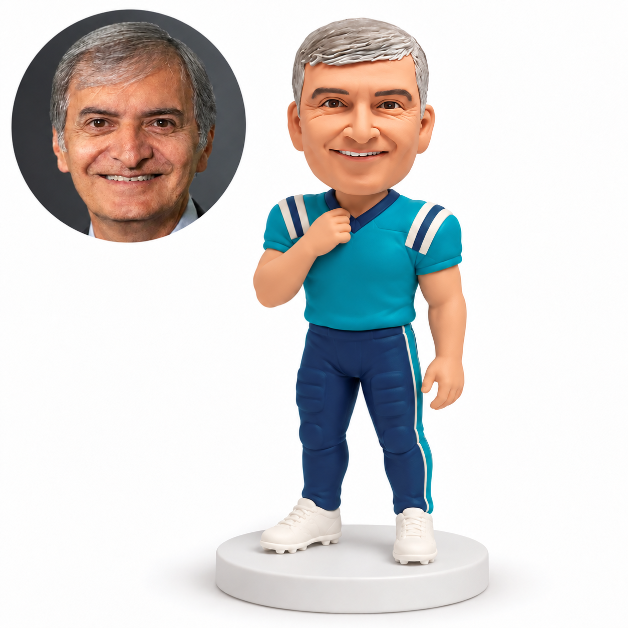 custom bobblehead figure male football player pinching his jersey collar with his right hand and keeping his left arm lowered