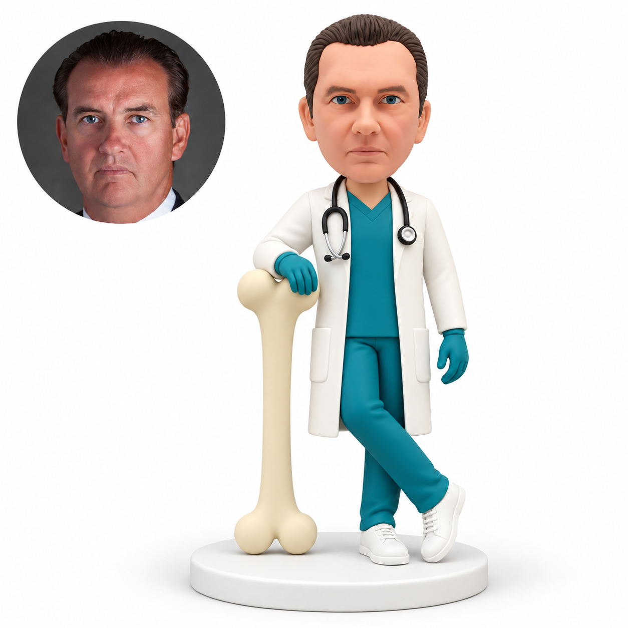custom bobblehead figure male orthopedic doctor in a long lab coat resting one gloved hand on a large upright bone with crossed ankles