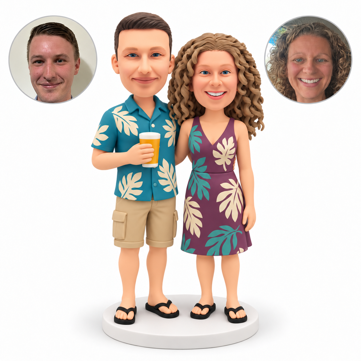 custom bobblehead figures summer couple embracing at the waist with the man holding one drink cup and the womans outer arm lowered