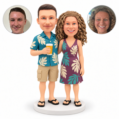 custom bobblehead figures summer couple embracing at the waist with the man holding one drink cup and the womans outer arm lowered