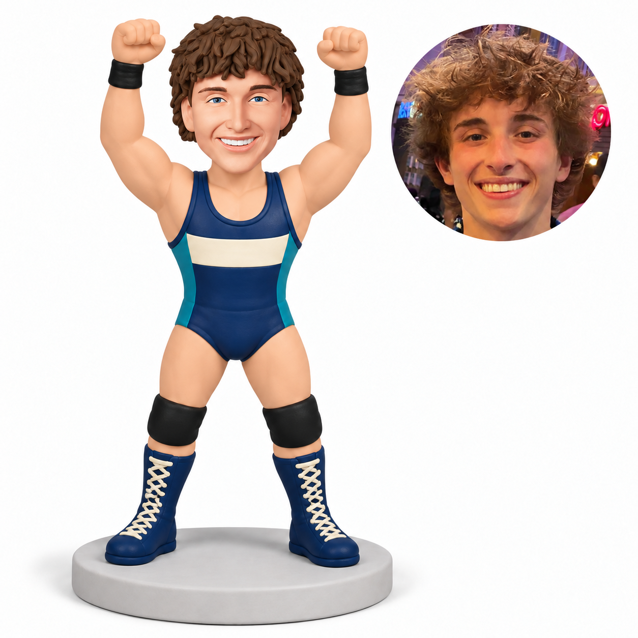 custom bobblehead figure male wrestler raising both fists overhead in a victory pose with original clay head and matching photograph