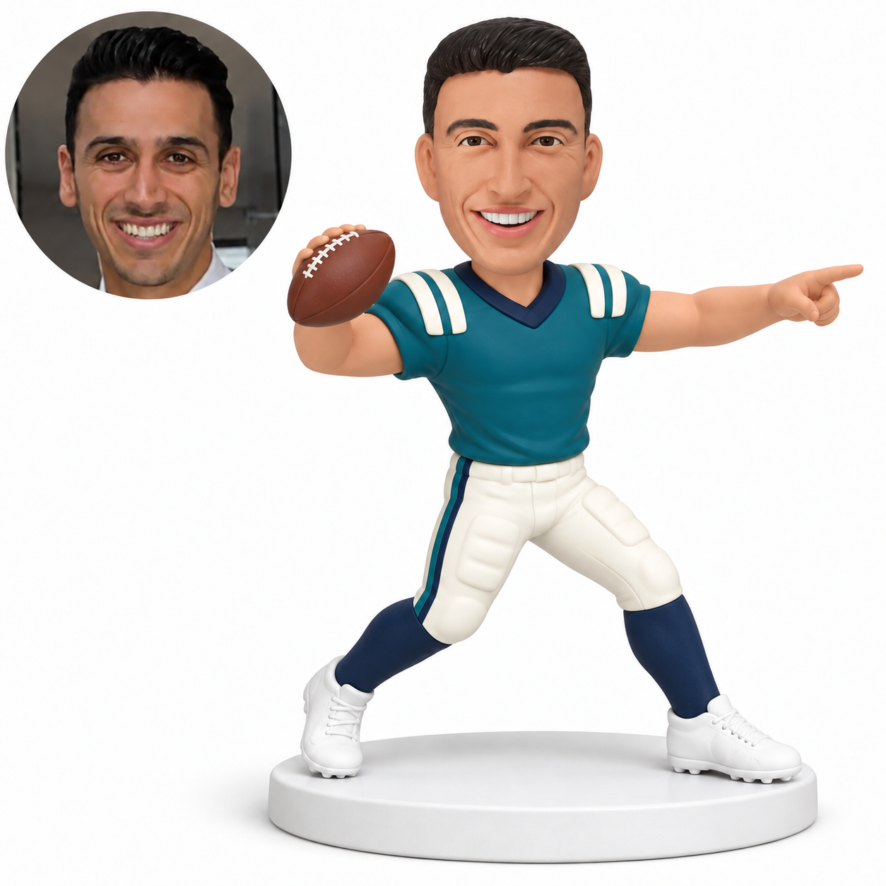 custom bobblehead figure male football player holding a ball beside his right shoulder and pointing with his left hand with original clay head and matching photograph