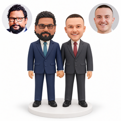 custom bobblehead figures male couple in formal suits holding hands with outer arms lowered
