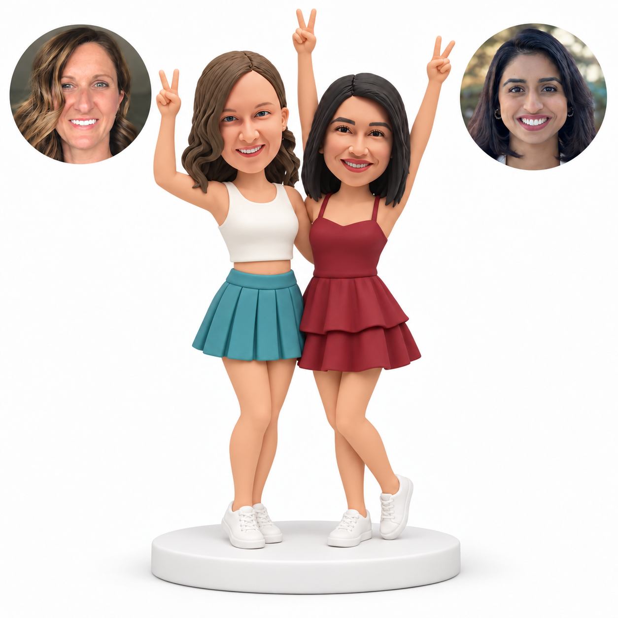 custom bobblehead figures female couple in short skirts making three raised peace gestures