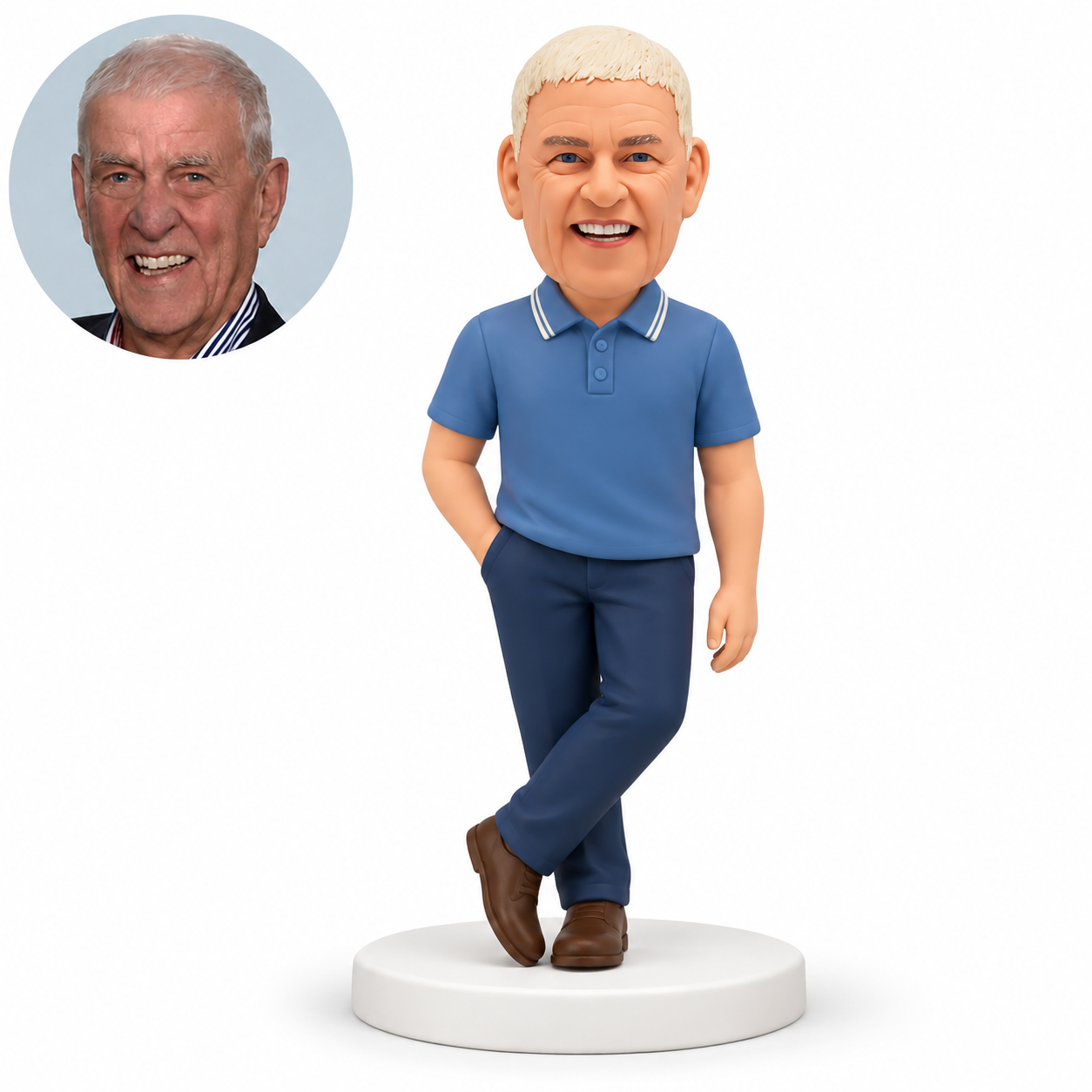 custom bobblehead figure business casual man in a polo shirt with one hand in his pocket and crossed ankles