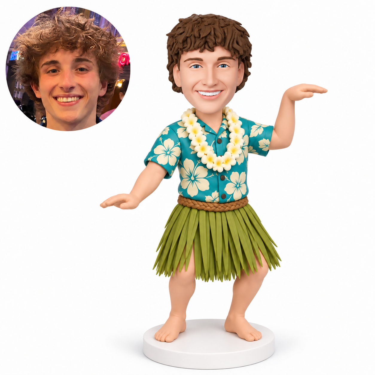 custom bobblehead figure male hula dancer in a hawaiian shirt and grass skirt with his left palm raised
