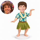 custom bobblehead figure male hula dancer in a hawaiian shirt and grass skirt with his left palm raised