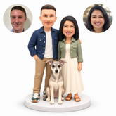 custom bobbleheads figures casual couple with arms around each other and a seated dog