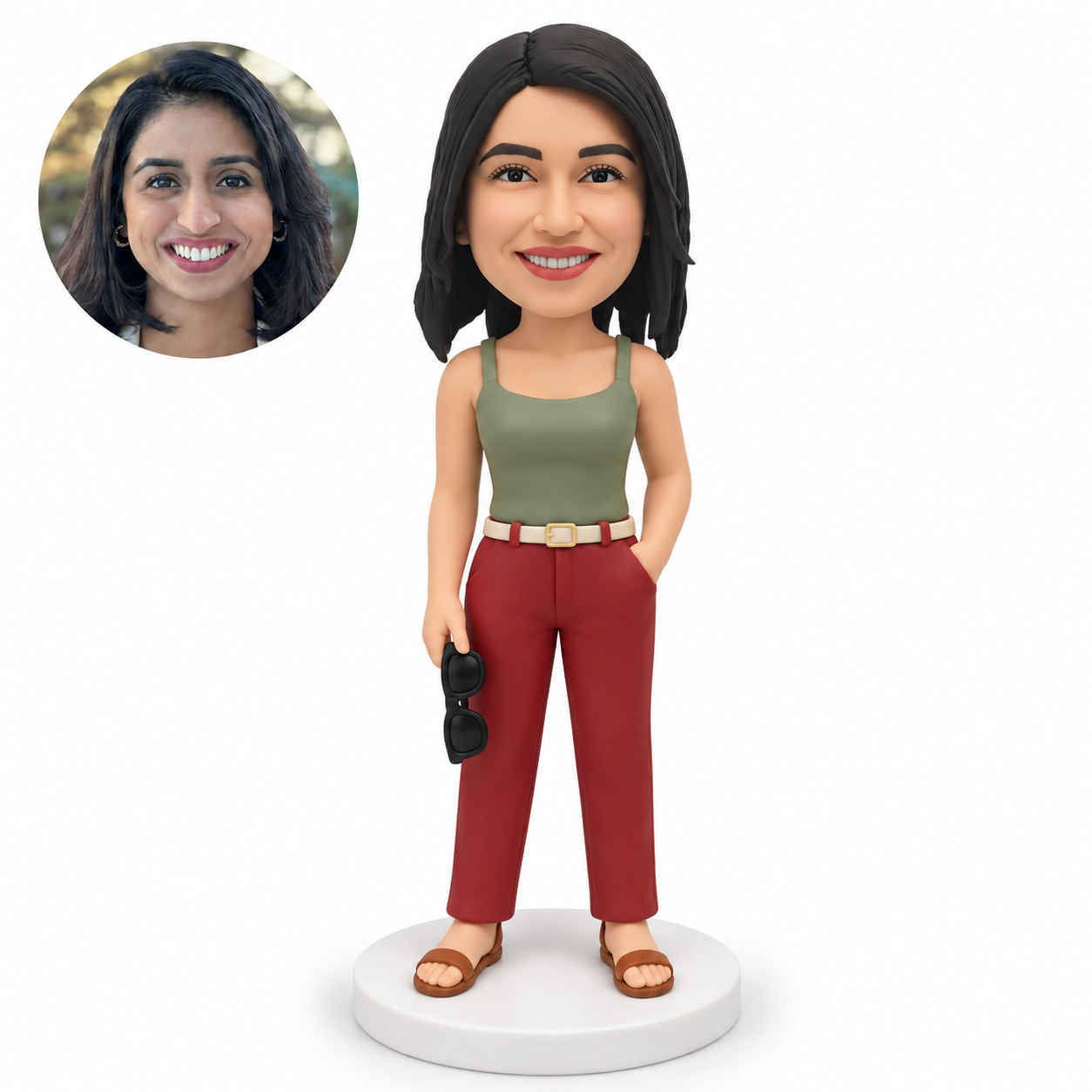 custom bobblehead figure woman holding sunglasses low beside her right thigh with her left hand in her trouser pocket