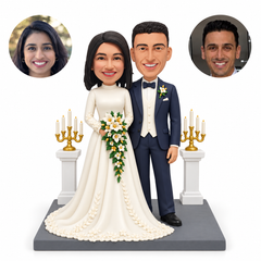 custom bobbleheads figures wedding couple with a cascading bouquet and two candelabras on pedestals