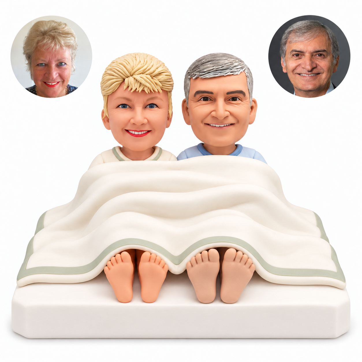 custom bobbleheads figures couple sitting up in bed under one quilt with their feet visible