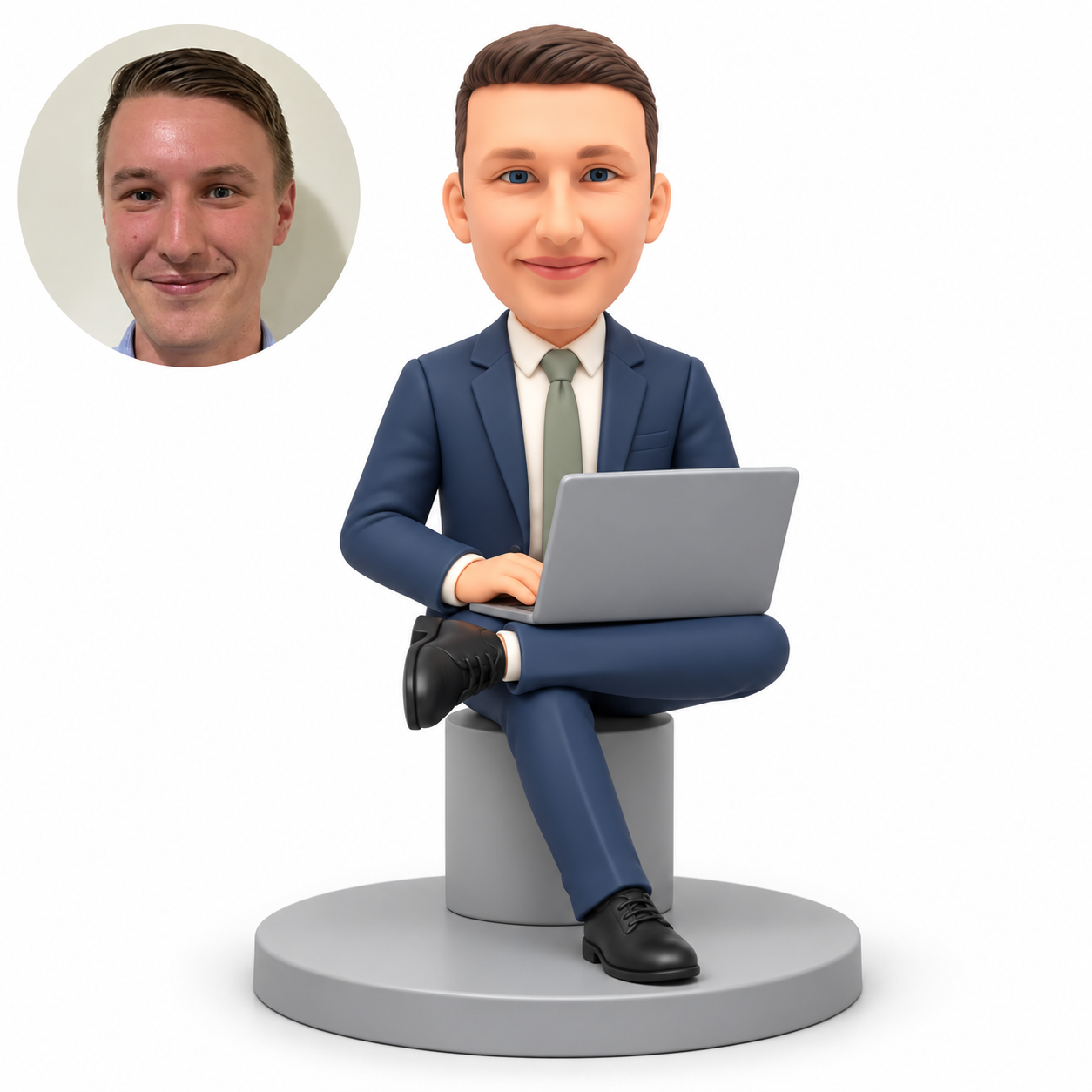 custom bobblehead figure businessman seated on a cylindrical stool with an ankle on his opposite knee using a laptop