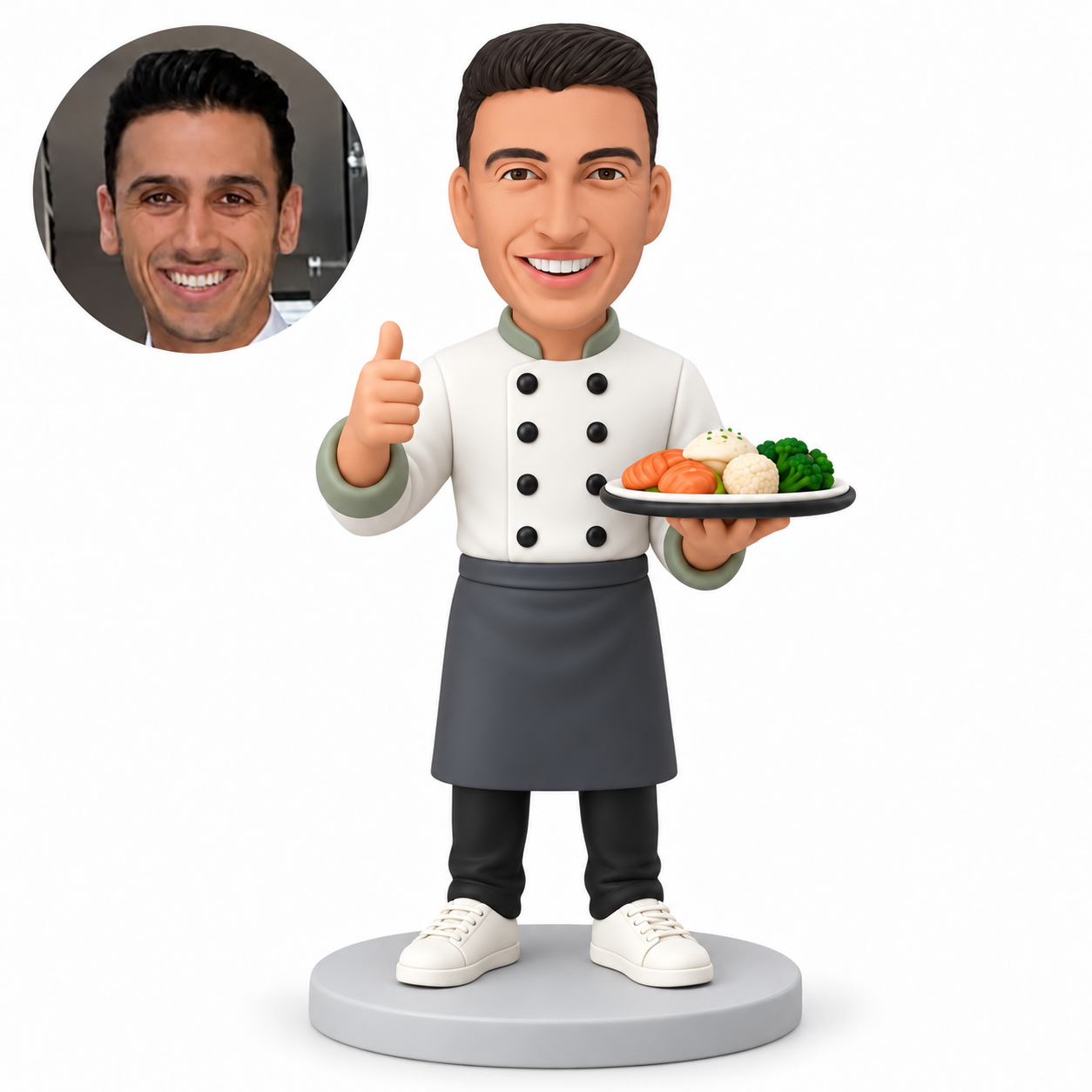 Male cook giving thumbs up and holding an open meal platter, custom clay figure