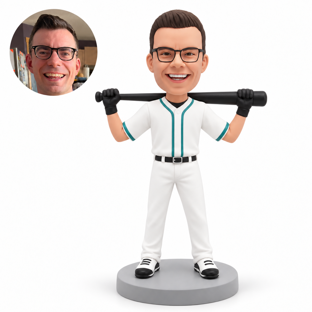 custom bobblehead figure adult male baseball player holding a horizontal bat behind both shoulders