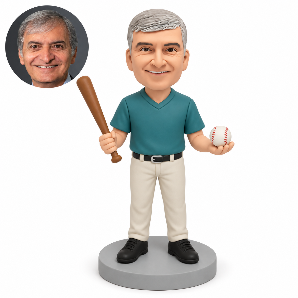 custom bobblehead figure male baseball coach holding a raised bat and a baseball in his other open palm