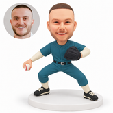 custom bobblehead figure male baseball pitcher holding a low baseball with his glove across his chest in a wide crouch